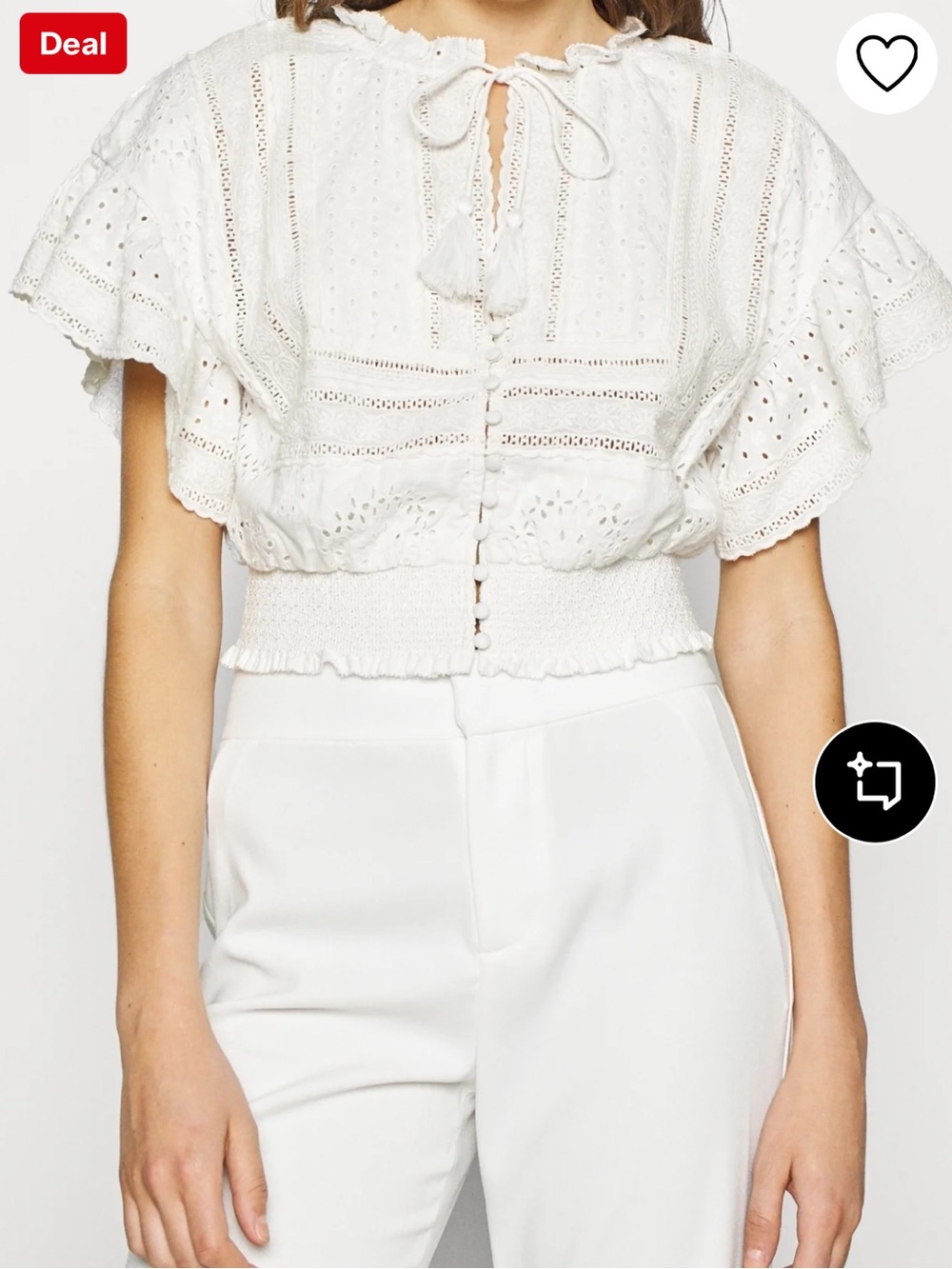 Alice + Olivia Tabitha White Eyelet Lace Flutter Sleeve Cropped Blouse Boho